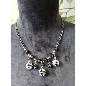 Womens Retro Faceted Black Crystal Beaded Rhinestone Encrusted Balls Necklace